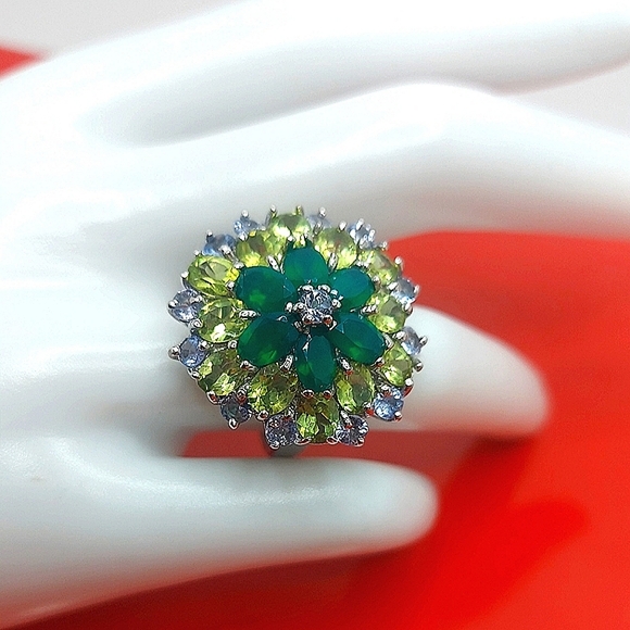 Natural Aventurine 6x4mm, Peridot, Tanzanite 925 Sterling Silver Ring Size 6.75 - Picture 3 of 10